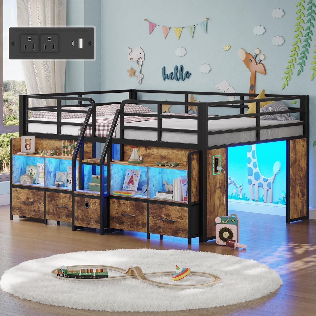 BYSAUD Full Low Loft Bed with 5 Storage Drawers and 6 Bookcases, Brown
