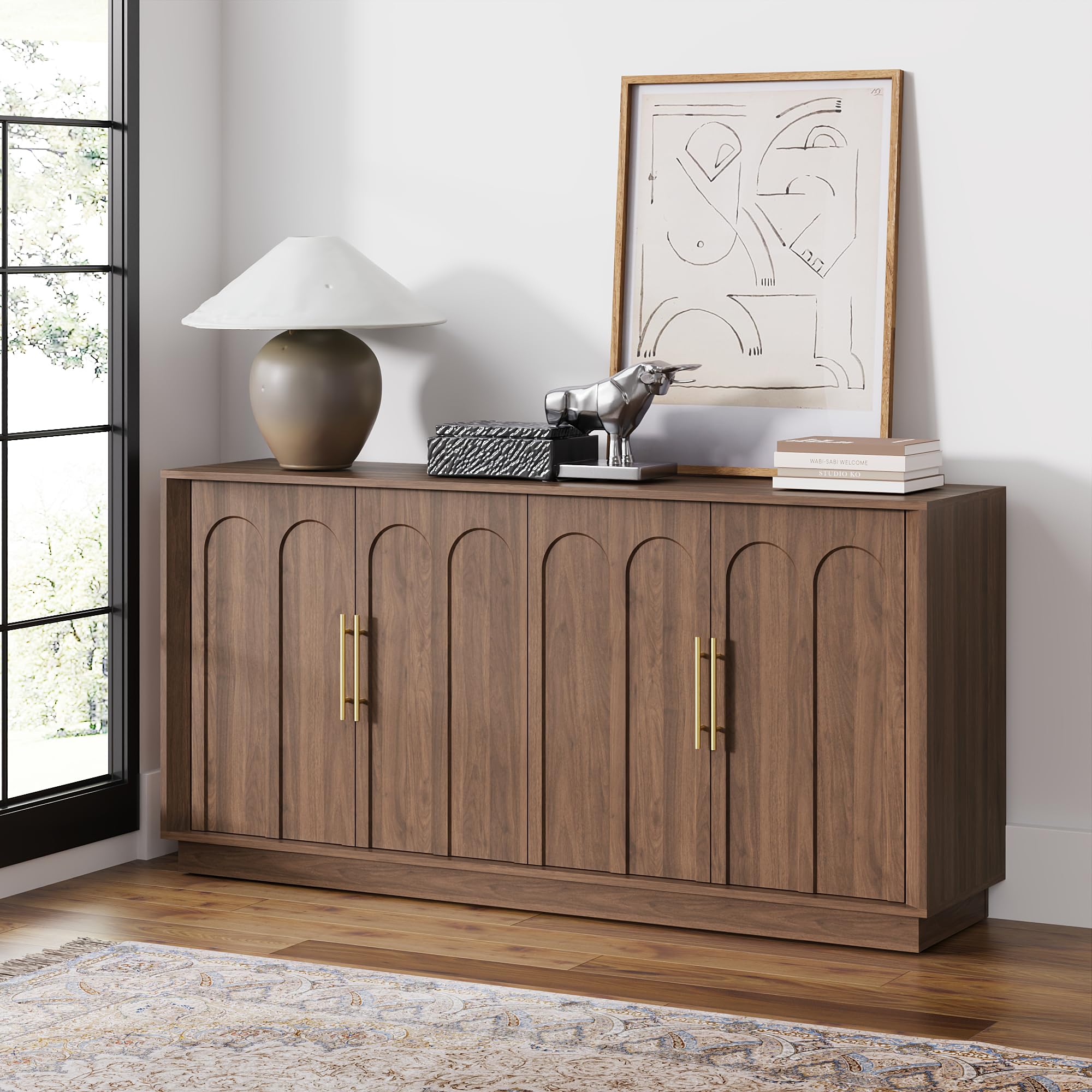 FORTUNETEC Sideboard Buffet Cabinet with Storage, Mid Century Modern Accent Cabinet with Arched Doors, Modular Media Console, Minimalist Credenza for Living Room Kitchen Dining Room Entryway, Walnut