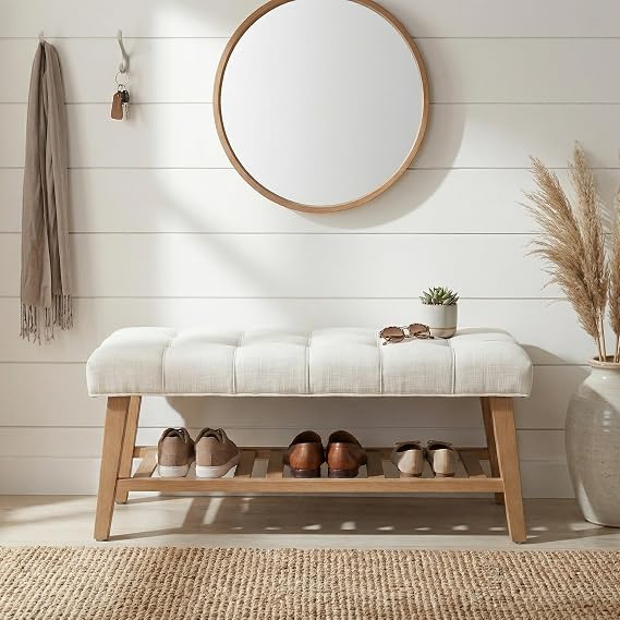 Tufted Entryway Shoe Bench with Storage Shelf