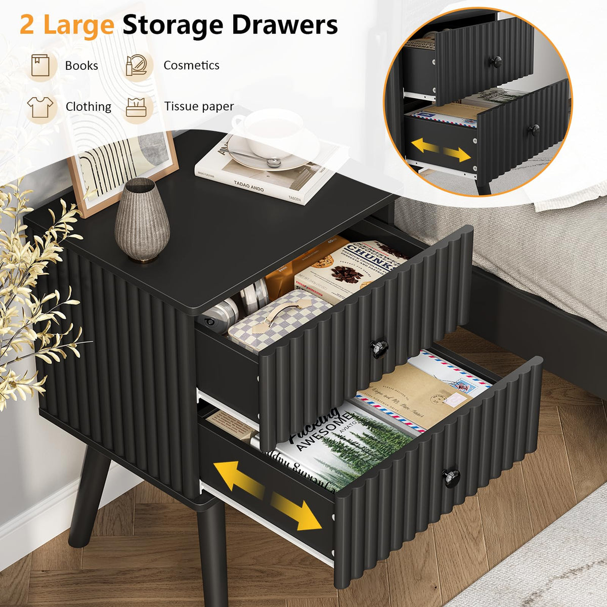 Gacfiew Wooden Nightstand with 2 Drawers, Fluted Night Stand Set of 2, Morden Side Table for Bedroom, Living Room and Small Space, Black