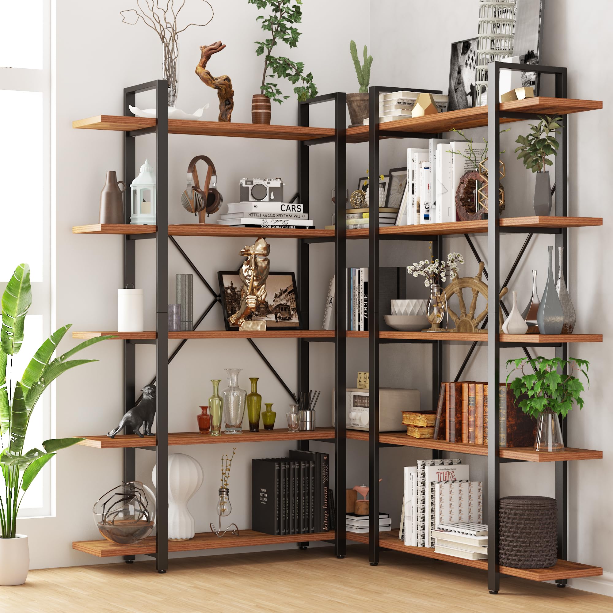 BATHWA Wood and Metal Minimalist 5 Tier Bookshelf, 6 feet Tall Open Rustic Wide Bookcase Industrial Style, Modern Wooden Big Book Shelf for Home Living Room Bedroom Office Storage, Rustic Brown