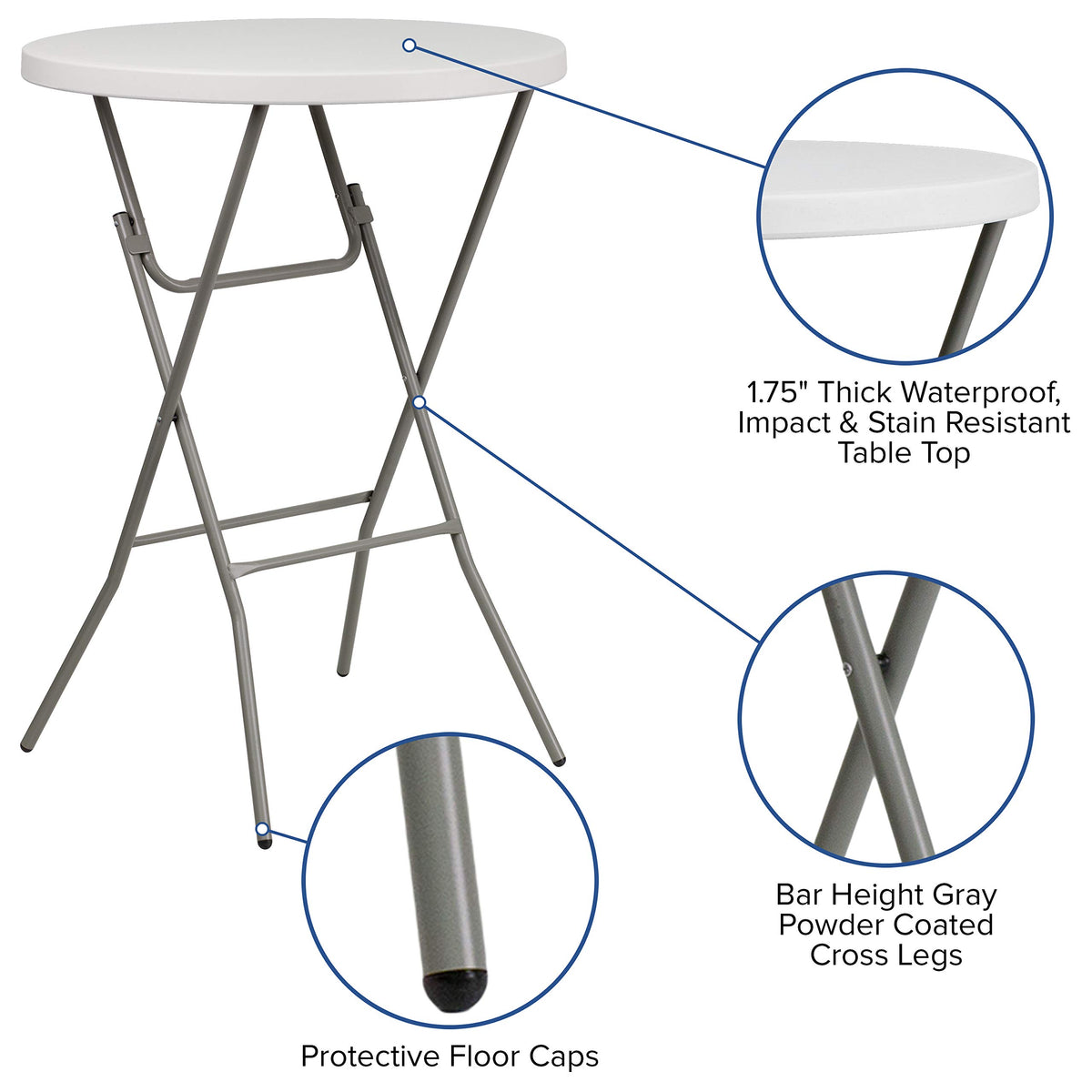 Flash Furniture 2.63 ft Plastic Round Folding Bar Table, Granite White