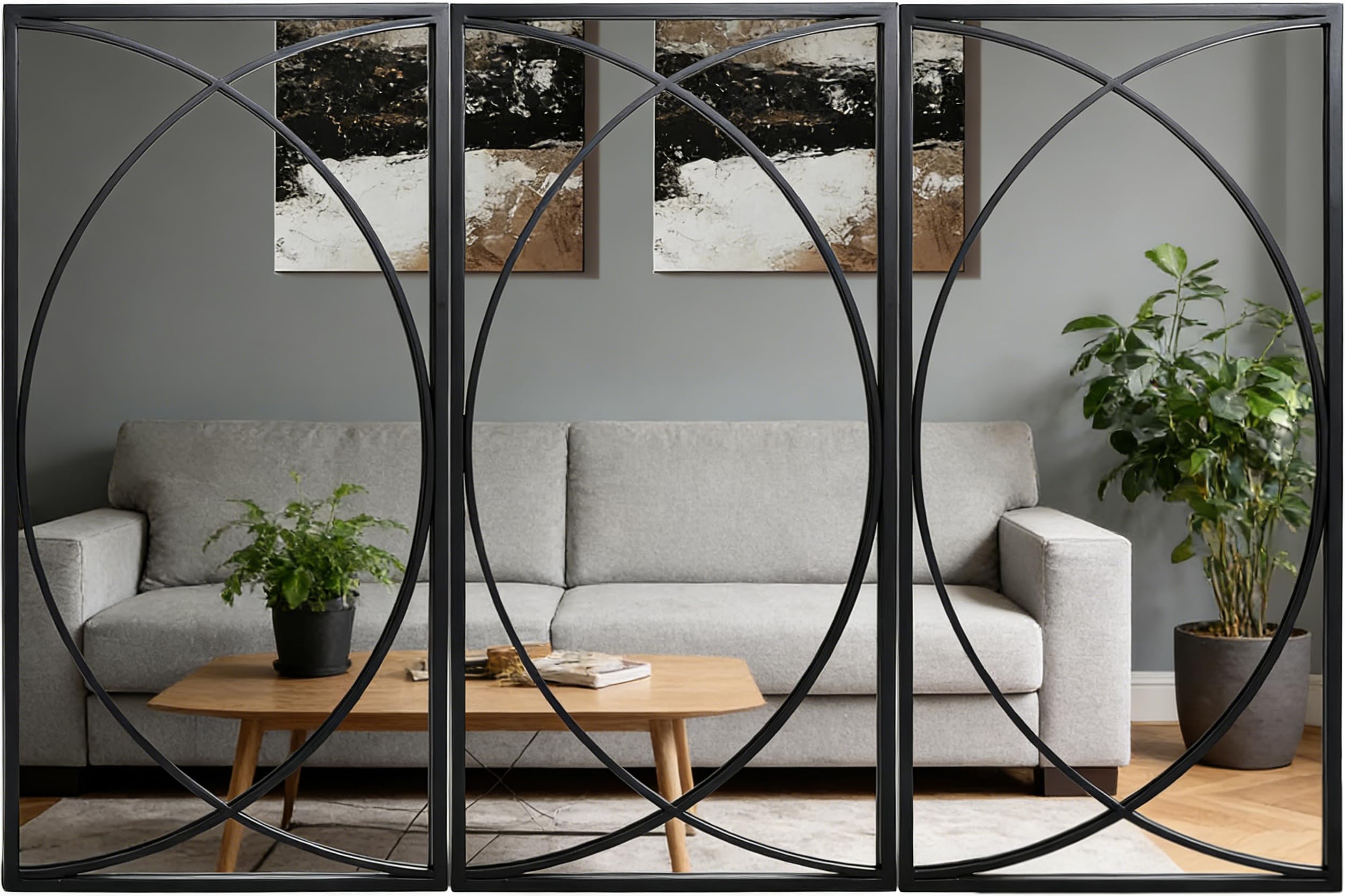 3-Piece Rectangular Black Wall Mirror Set with Metal Frame