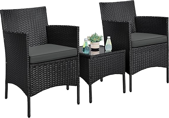 3-Piece Outdoor PE Rattan Bistro Set with Cushions & Glass Table