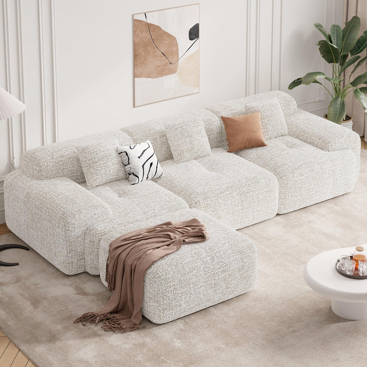 122" Modern L Shaped Modular Sectional Sofa, Boneless Couches for Living Room with Ottoman,4 Seater Convertible Chenille Cloud Couch Sofa Set, No Assembly Required, Beige 1 PCS