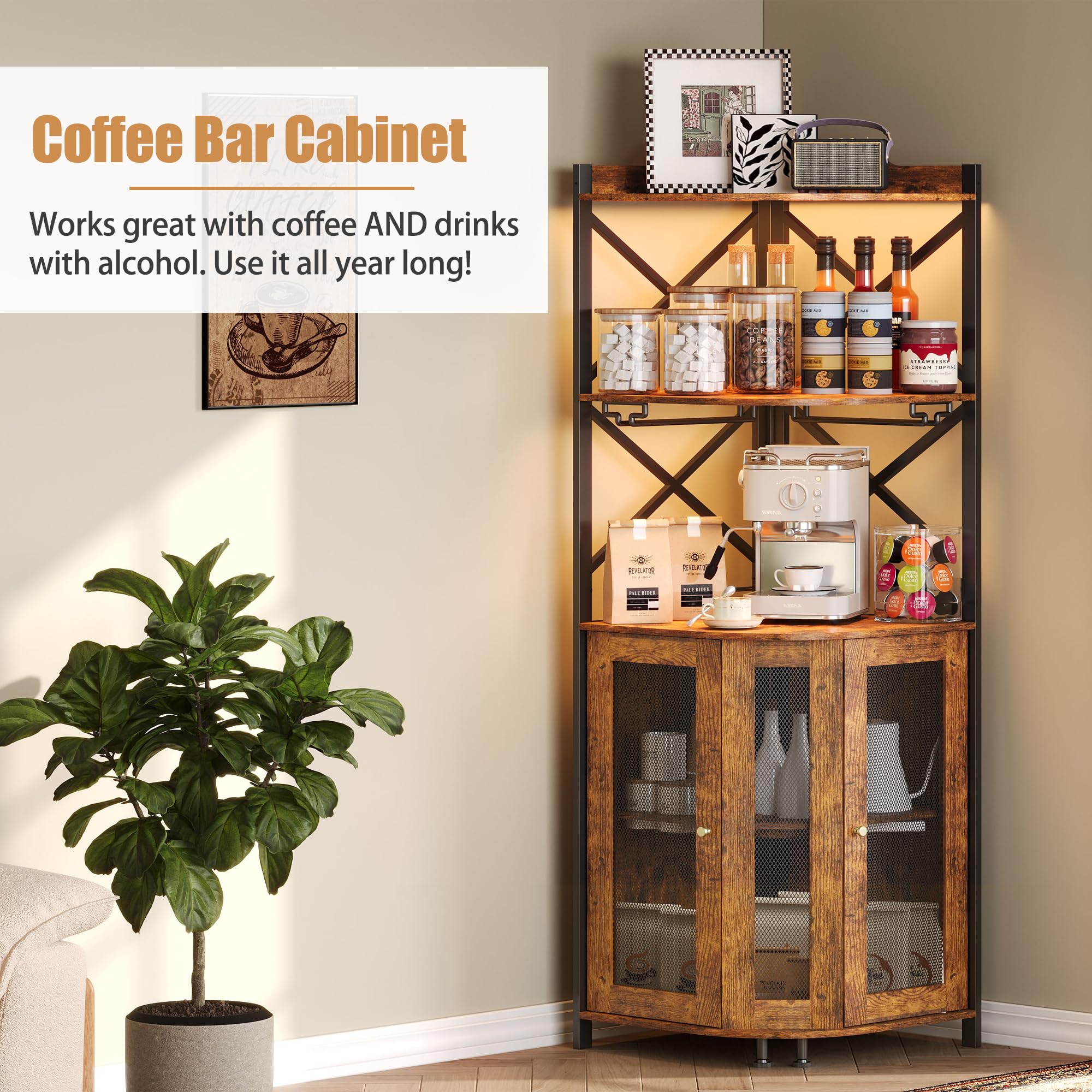 5-Tier Corner Bar Cabinet with LED Lights & Glass Holder