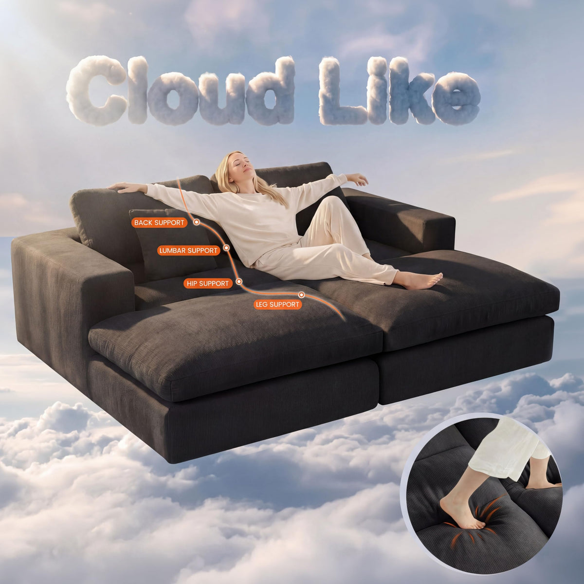 Mifnas 81" Oversized Double Chaise Lounge Chair, Cloud Boneless Sofa Bed