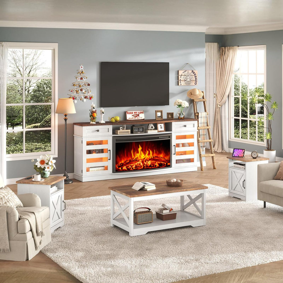 Farmhouse Fireplace Living Room Table Set