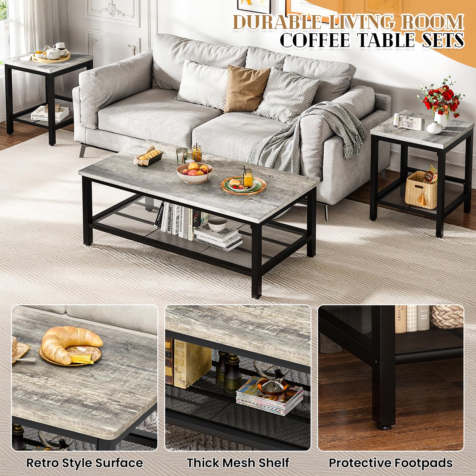 Industrial 3-Piece Coffee Table Set with 2 End Tables