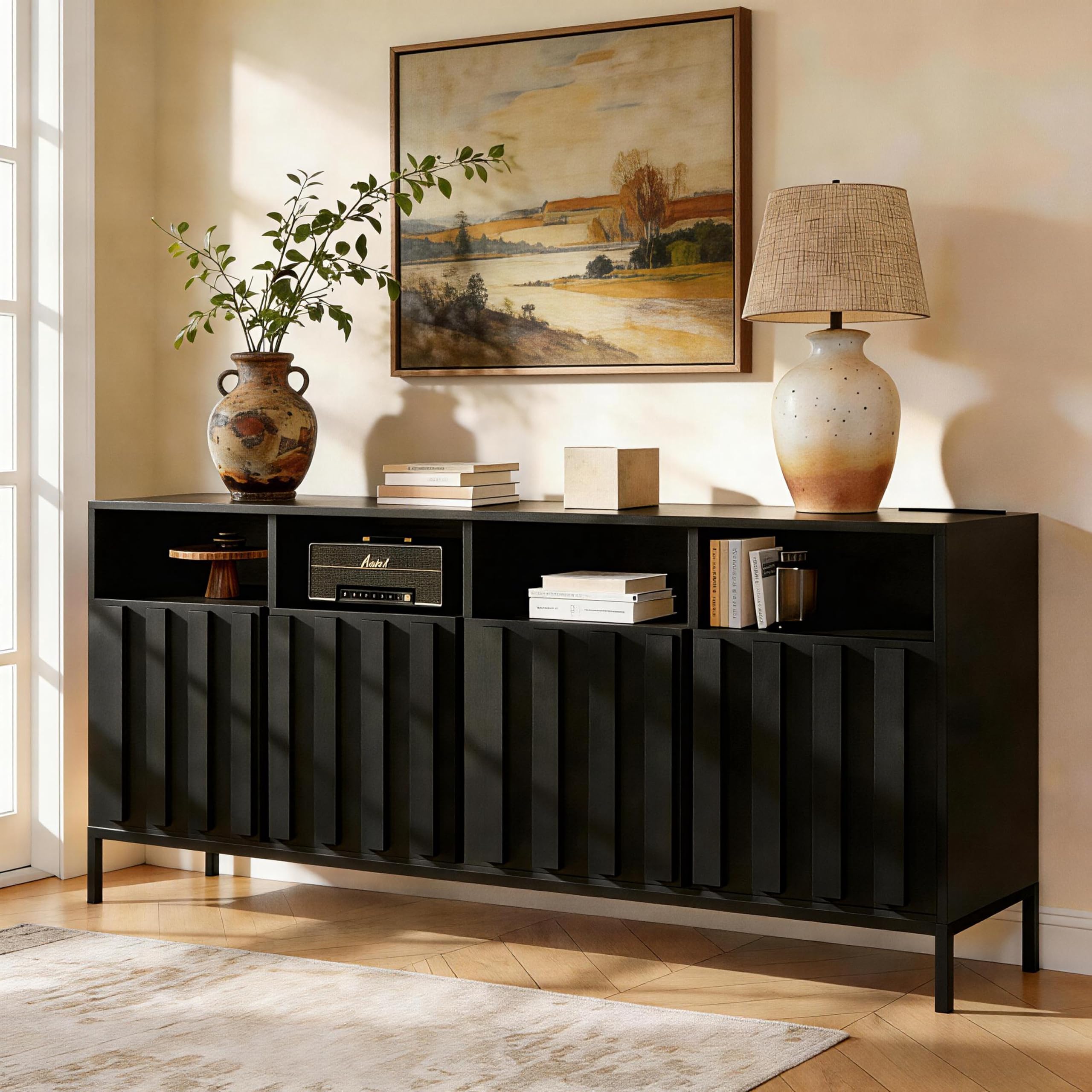 70" Buffet Sideboard Cabinet with Power Outlets & Adjustable Shelves