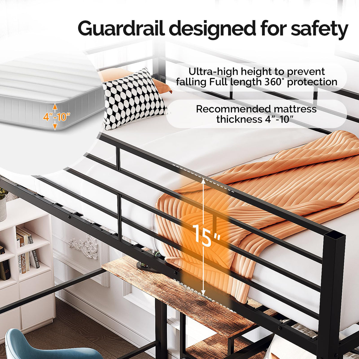Twin Bunk Bed with Desk & LED Lights