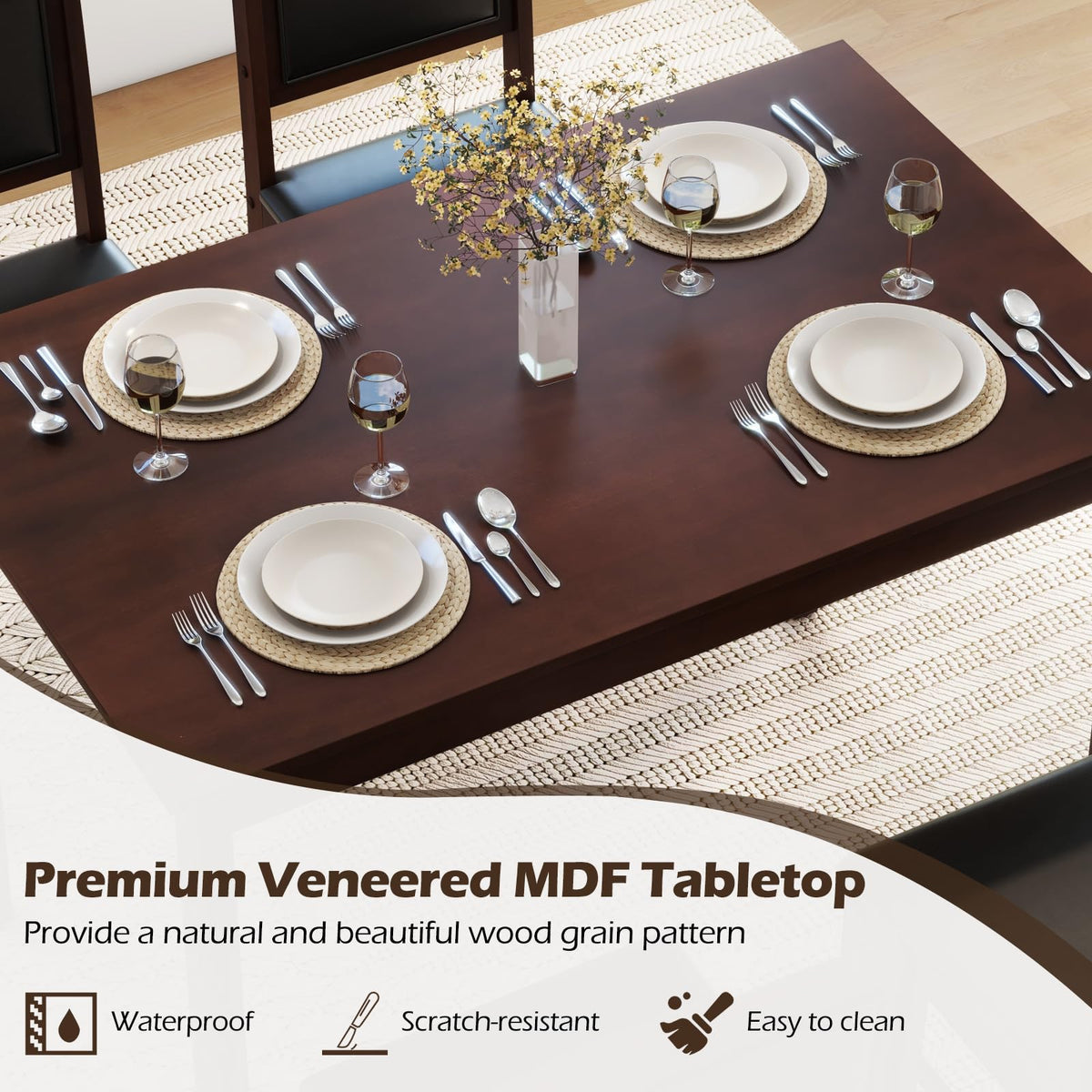 GIANTEX 5-Piece Dining Table Set for 4, Wooden Kitchen Table and Chairs with Solid Rubber Wood Legs, Padded Seat & Backrest, Space Saving Dinette Set for Home Dining Living Room, Breakfast Nook