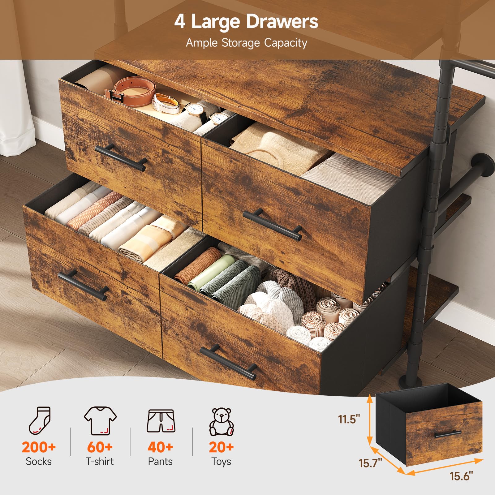 T3 Closet System with Stepless Dimmable LED Light, Industrial Pipe Clothing Rack with 4 Drawers, 6 Wooden Shelves & 4 Telescopic Rods, Heavy Duty Closet Organizers in Wardrobe Closet (Rustic Brown)