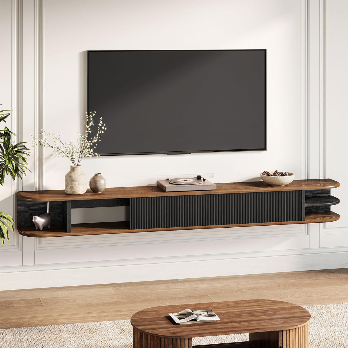TRIBEWOOD 71" Floating TV Stand Up to 90'' TVs, Solid Wood Media Console