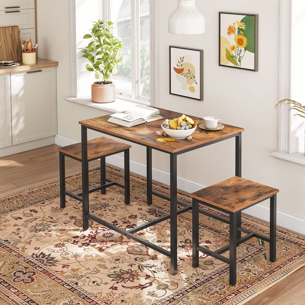 HOOBRO 3-Piece Industrial Dining Table Set, Kitchen Table, Space Saving Dinette for Kitchen, Dining Room, Small Space, Breakfast Nook, Living Room, Party, Rustic Brown and Black BF75CZ01G1