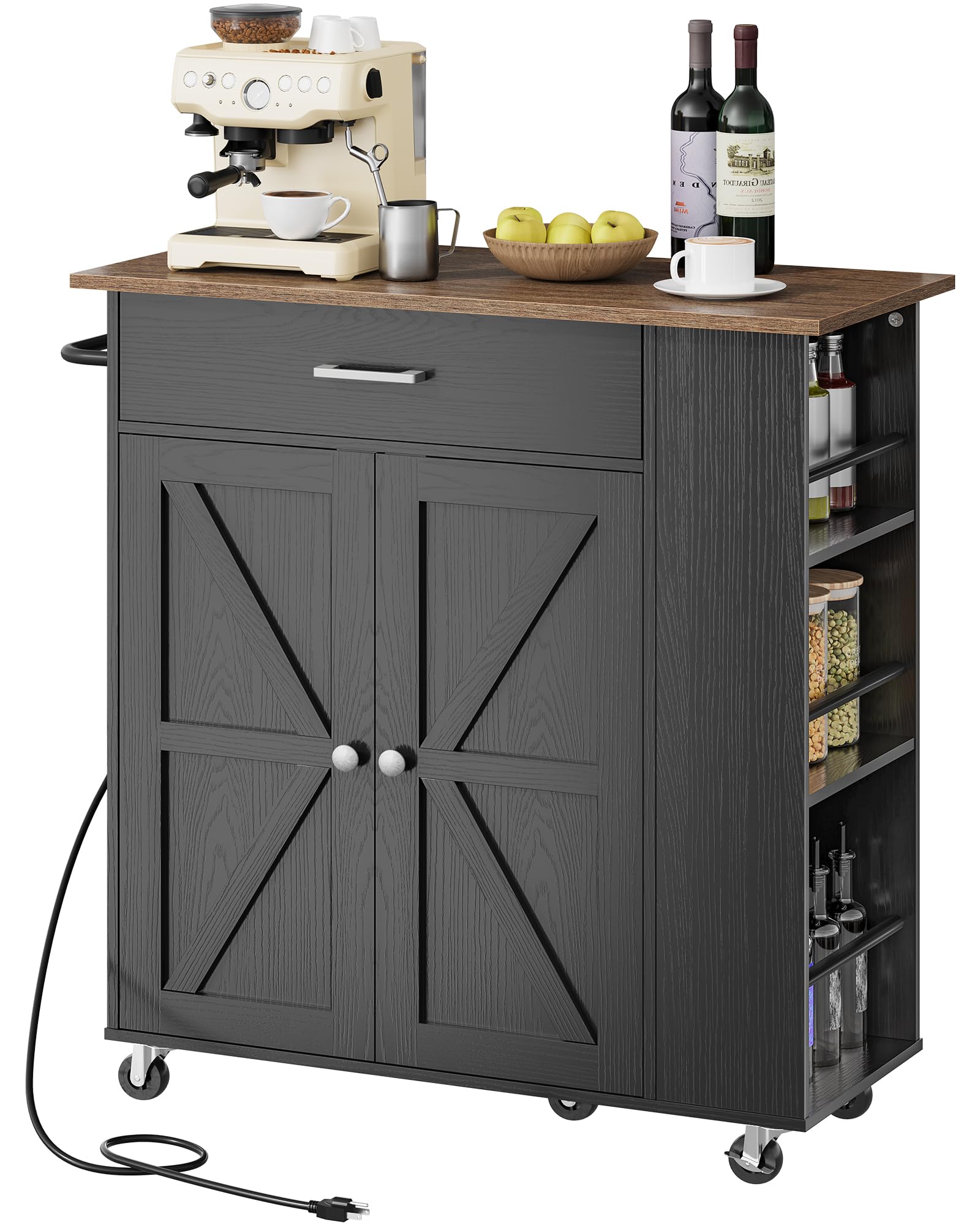 CHOEZON Kitchen Island Cart with Storage, Bar Cart with Charging Station, Kitchen Island on Wheels, Rolling Mobile Table with Cabinet, 3 AC Outlets, Black and Walnut MZD04UBL