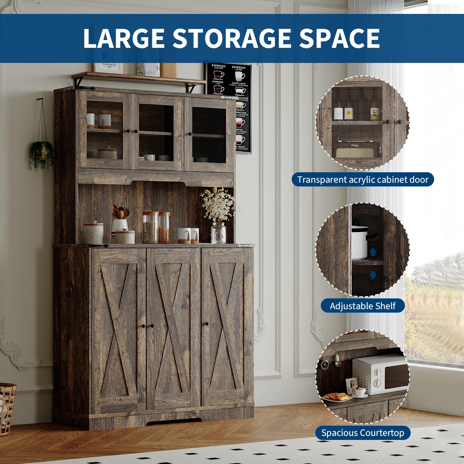 Garvee Rustic Brown Kitchen Pantry Cabinet with Charging Station, Farmhouse Freestanding Kitchen Hutch Cupboard Storage Cabinet with Countertop for Living Room 15.2 in d× 40.35 in w× 70 in h