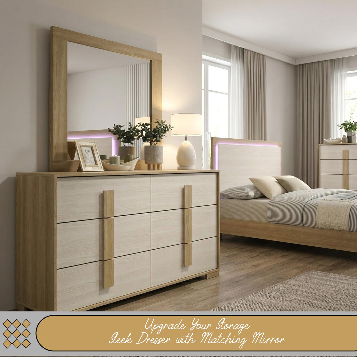 Kings Brand Furniture 6-Piece Natural/White Bedroom Set - King Size Bed with LED Lights, Dresser, Mirror, Chest and 2 Nightstands