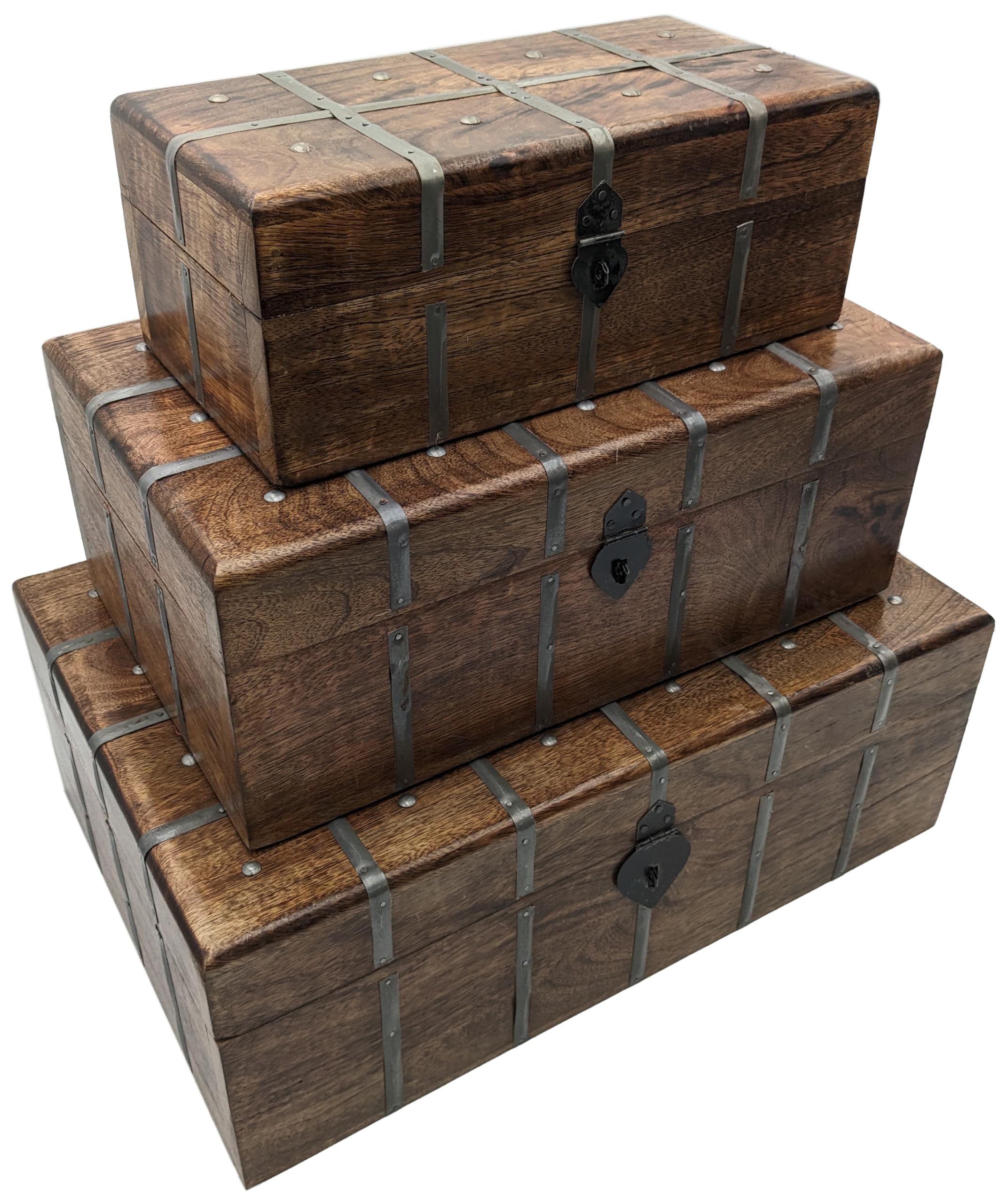 SciencePurchase Set of 3 Nesting Wooden Pirate Treasure Chests (Small, Medium, and Large), Hinged Storage Boxes Decorated with Grey Metal Accents, Black Hasps for Locks