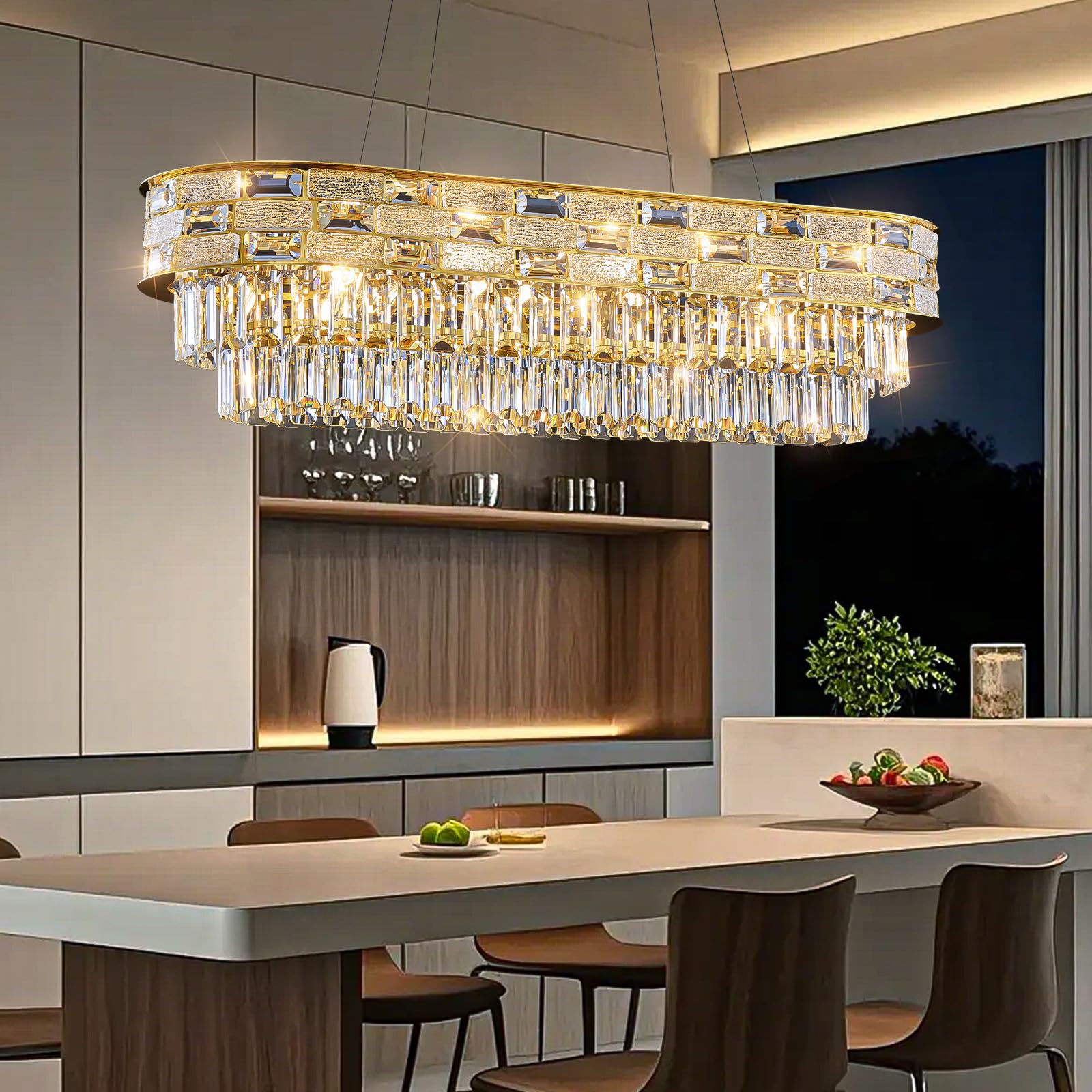 Large Oval K9 Crystal Chandelier - Luxury Modern 3 Tier Linear Crystals Chandeliers - 15 Lights Brushed Gold Pendant Light Fixture for Dining Room Kitchen Island Entryway Bar Living Room - L34.3 Inch