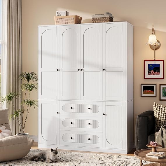 4-Door Freestanding Armoire Wardrobe Closet with Drawers & Hanging Rods