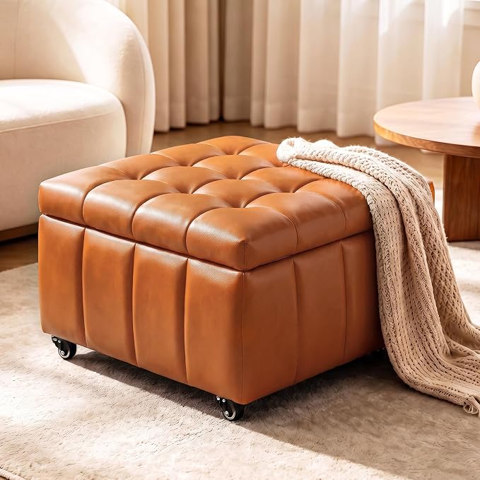 Faux Leather Rolling Storage Ottoman