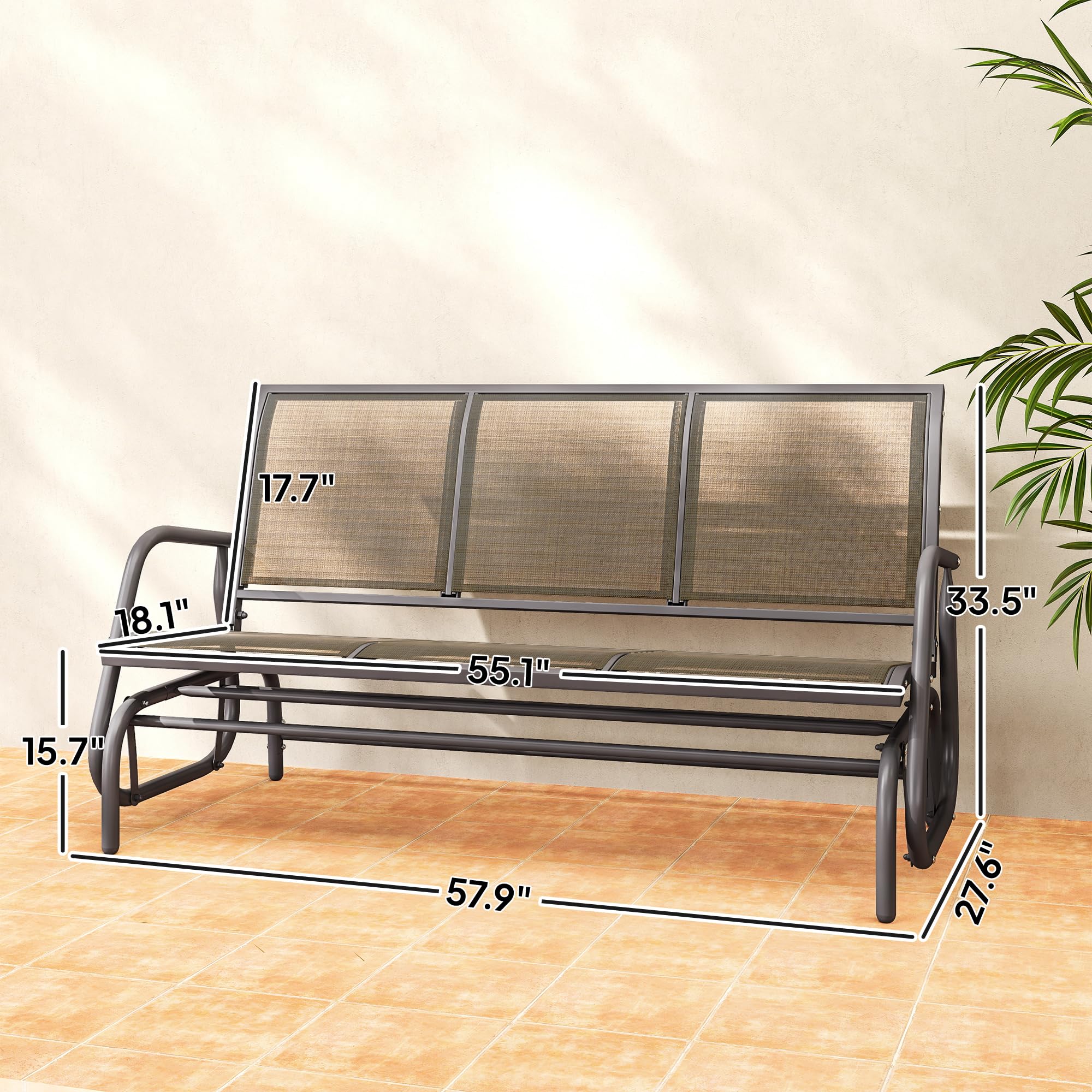 Outsunny 3-Person Patio Glider Bench, Outdoor Porch Glider Swing with 3 Seats, Breathable Mesh Fabric, Metal Frame, Light Mixed Brown
