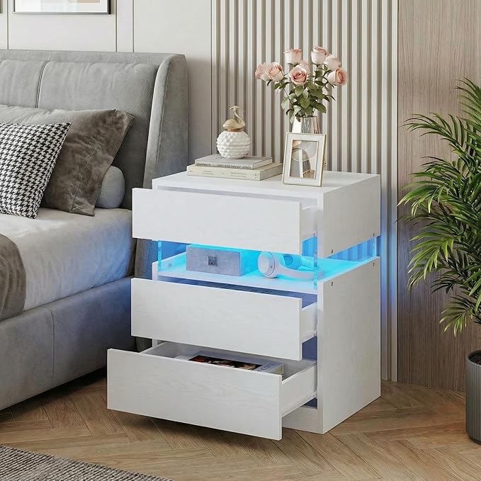 Nightstand with 3 Drawers & RGB LED Light