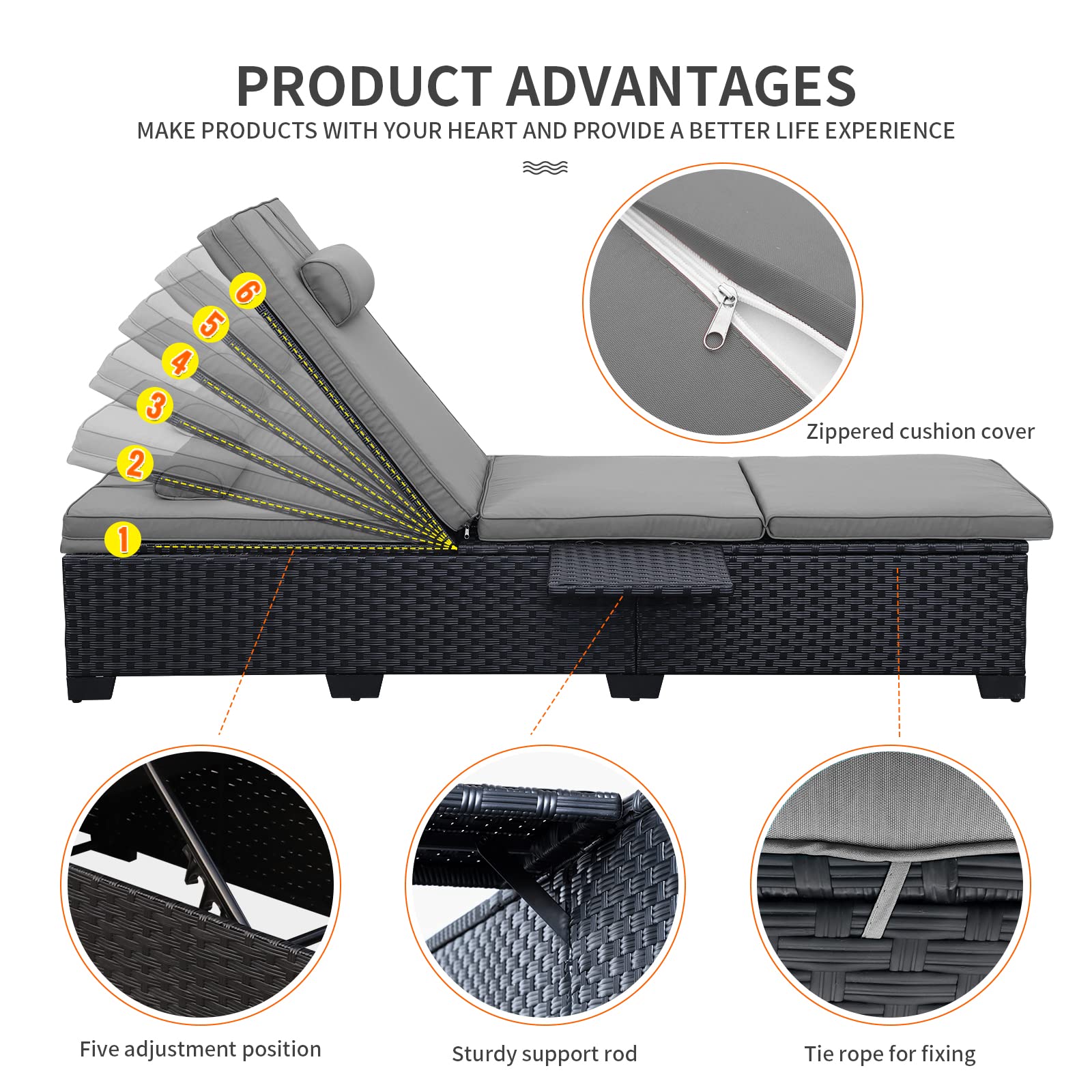Outdoor Wicker Chaise Lounge Set of 2 with Cushions & Side Shelf