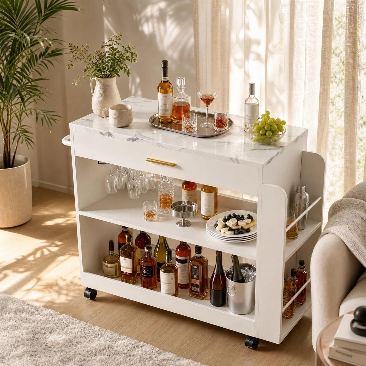 White Marble-Look Bar Cart