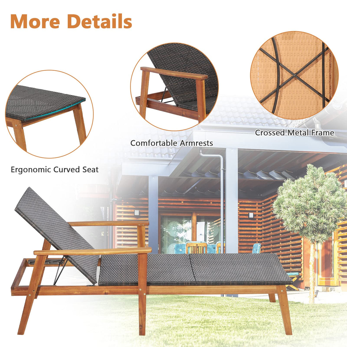 HAPPYGRILL Patio Chaise Lounge Chair, Outdoor Rattan Recliner with 4-Level Adjustable Backrest, Solid Acacia Wood Frame, Ergonomic Lounge Chair for Backyard Poolside Balcony