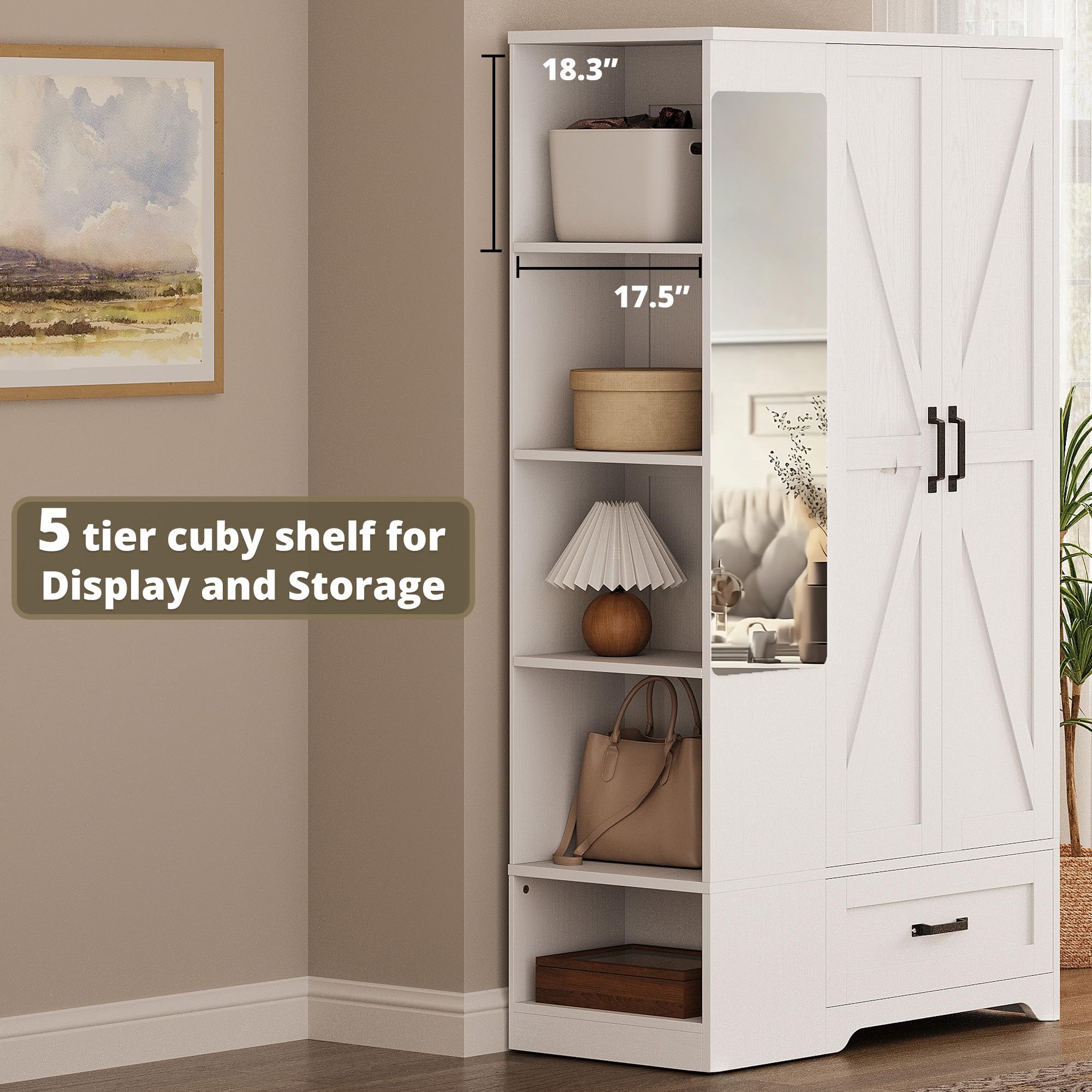 Tall Wardrobe Closet with Mirror & Barn Doors