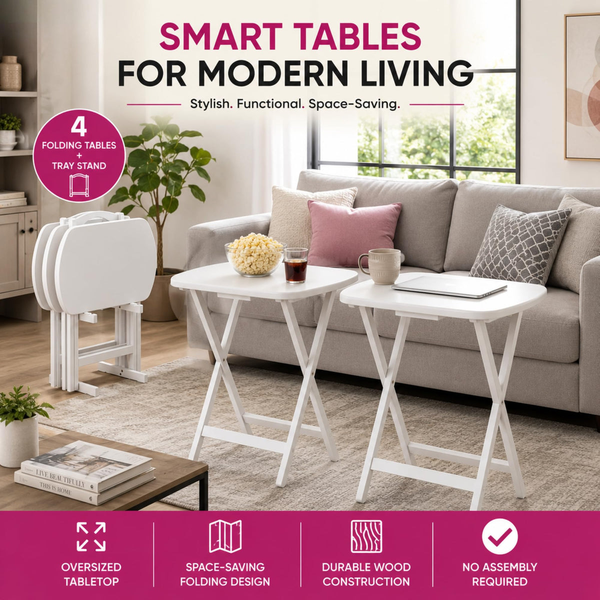 Oakestry Corbett 4 Piece Oversized Snack Tables with Tray Stand Folding TV Tray Set Portable Space Saving Sofa Side Tables Durable Wood Construction Modern White Finish