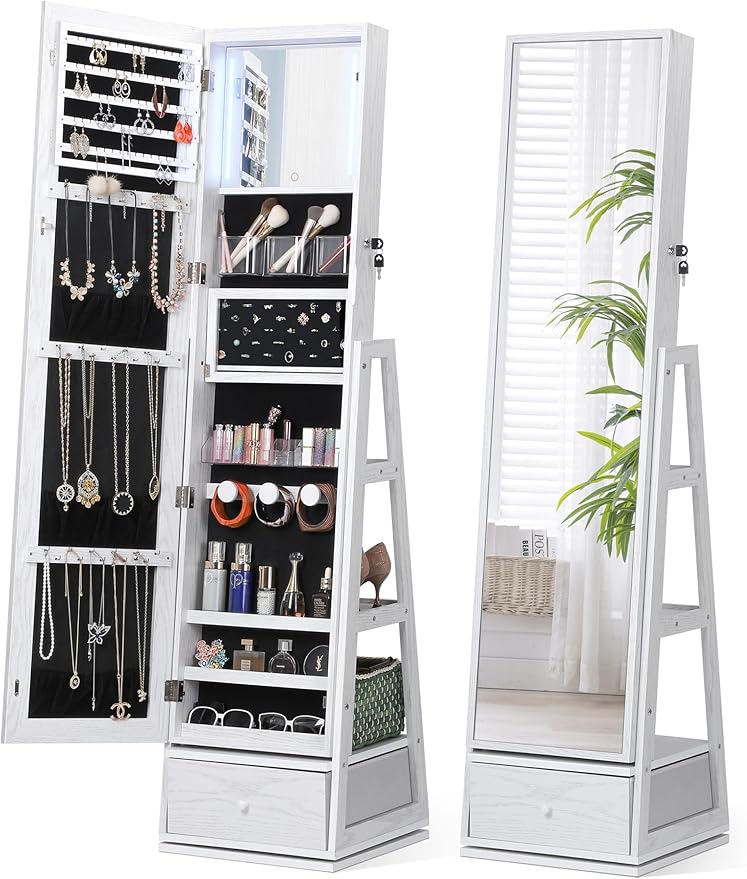 360° Swivel Jewelry Cabinet with Lighted Mirror