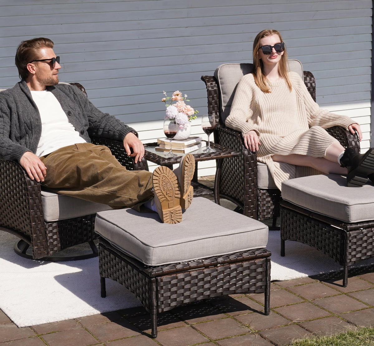 Sundale Outdoor Set of 2 Wicker Ottomans, 22.83" x 22.83" Outdoor Footrest with 4" Thick Large Cushions, All Weather Rattan Patio Ottoman for Footstool, Side Table (Grey)