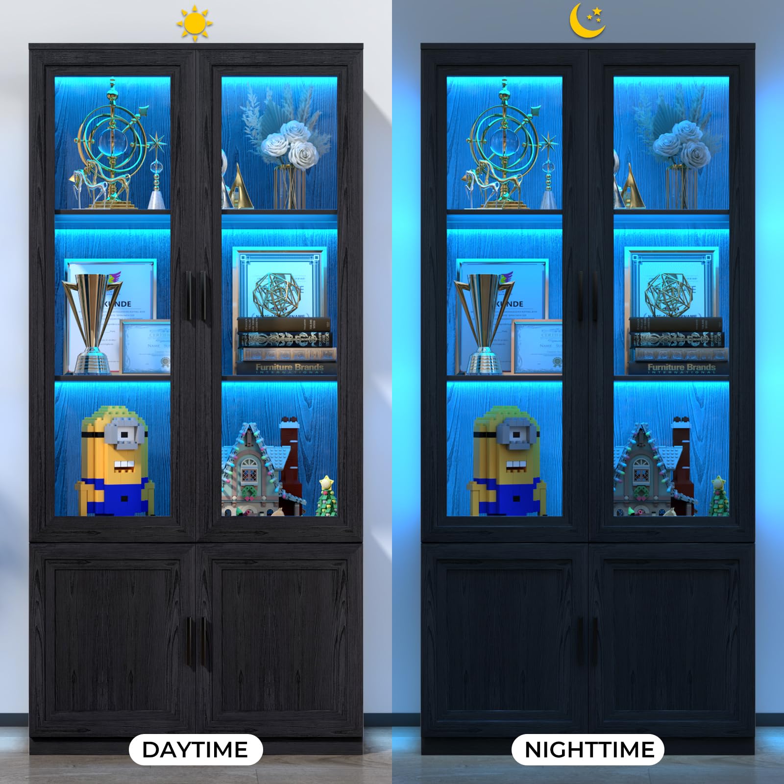 Display Cabinet with Acrylic Door, 3-Tier Curio Cabinet with 3 Color Lights, Liquor Cabinet with Human Body Sensor, Bookcase with 3 Shelves, Bottom Storage Space, Black, Suitable for Collections