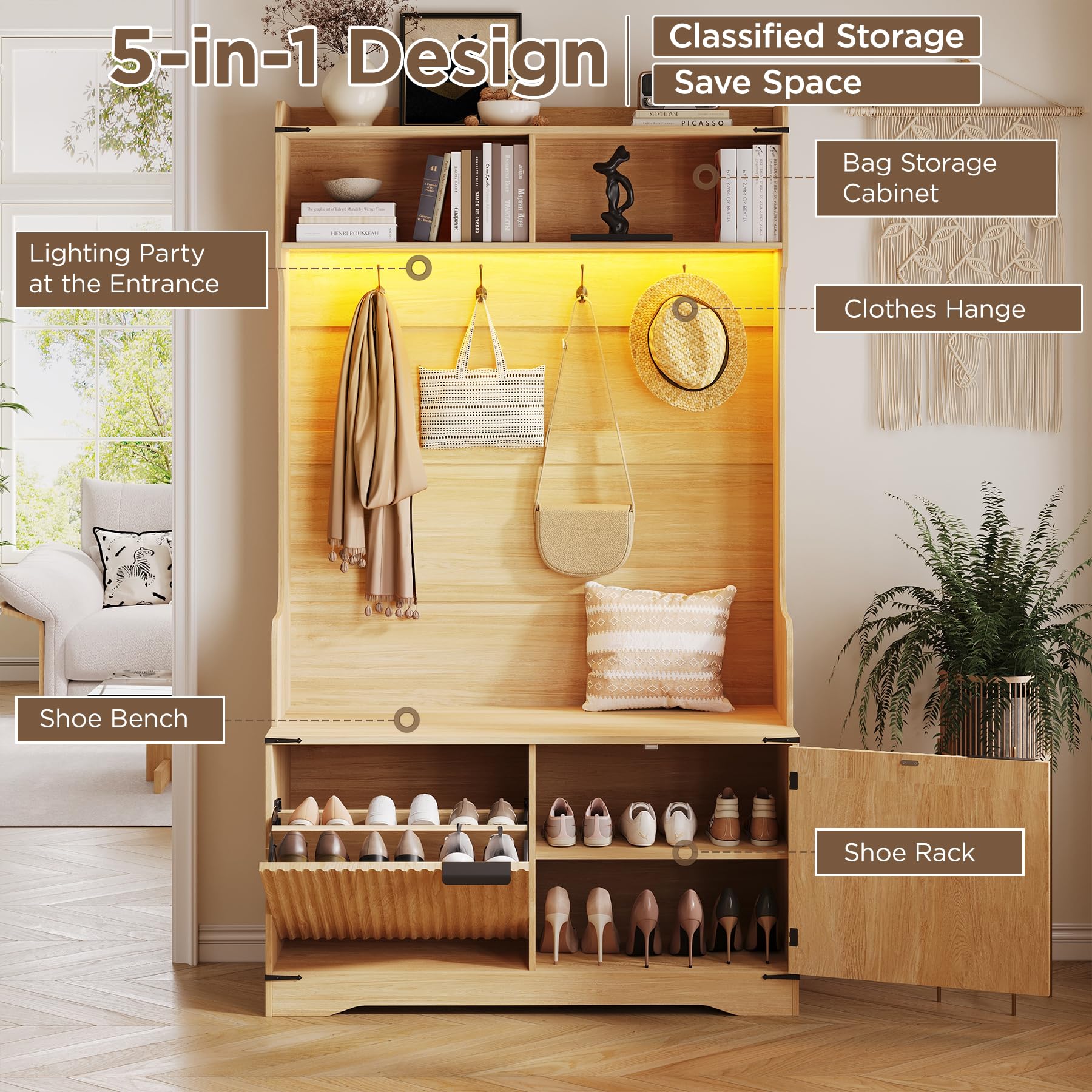 5-in-1 Farmhouse Hall Tree with Bench, Shoe Storage & LED Lights