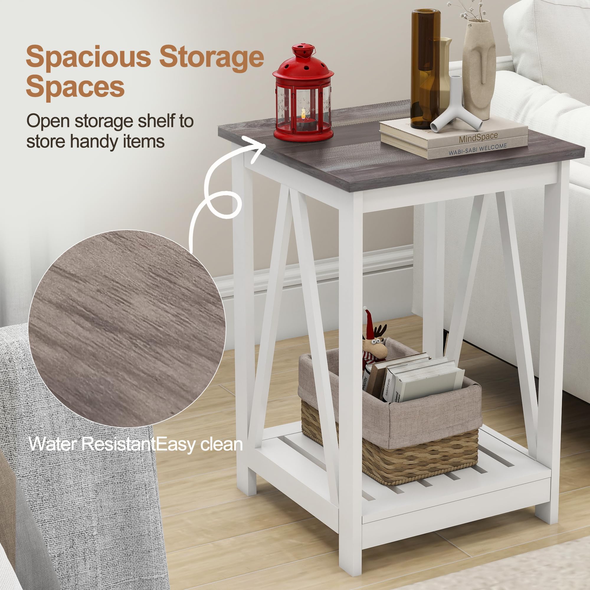 UYIHOME Farmhouse Square End Table, Accent Side Table with Slats Design, Sofa Side Table with Sturdy Frame for Living Room, Oak Grey