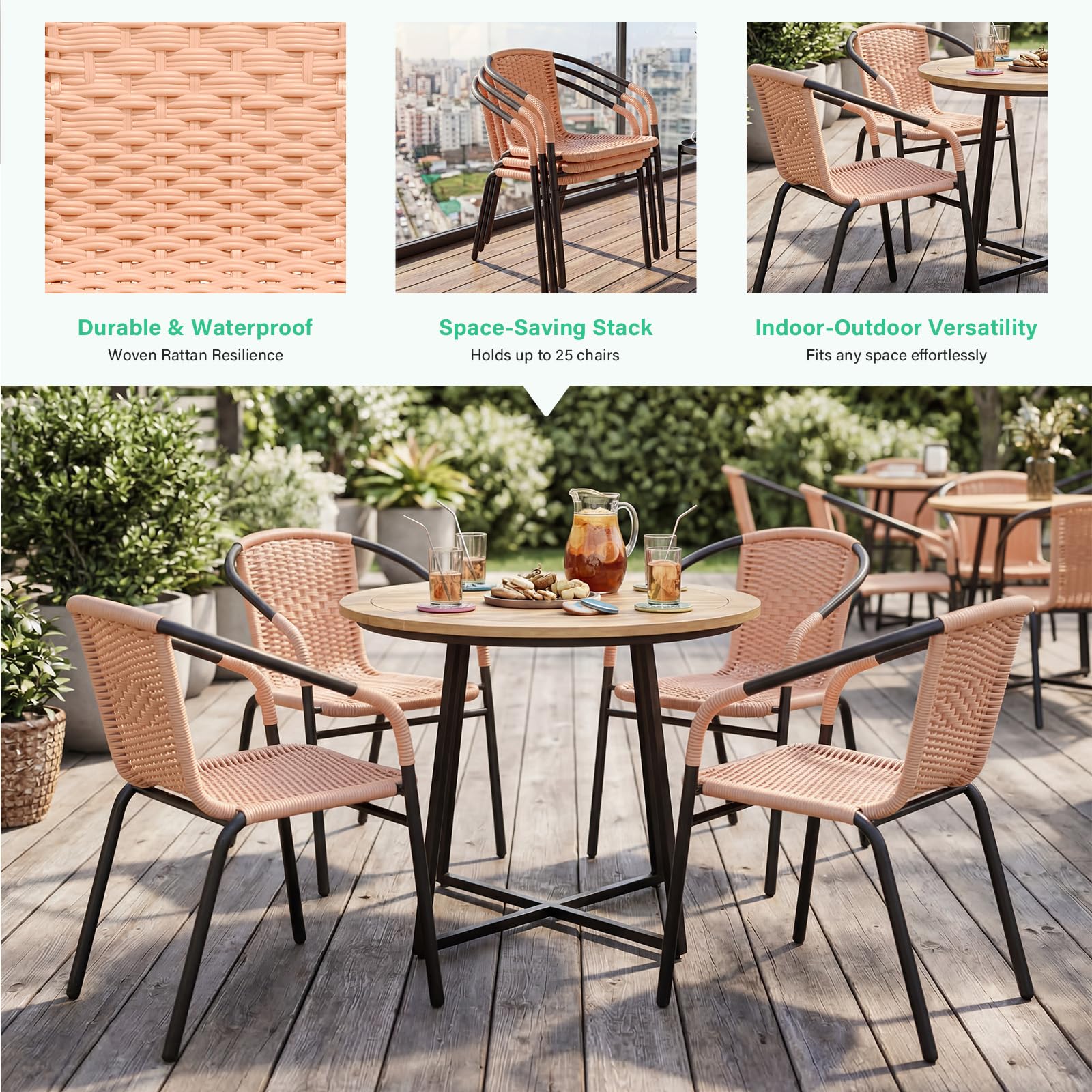 JEAREY Outdoor Patio Rattan Dining Chairs Set of 4, All Weather Stackable Dining Chairs for Lawn, Restaurant, Garden, Beige