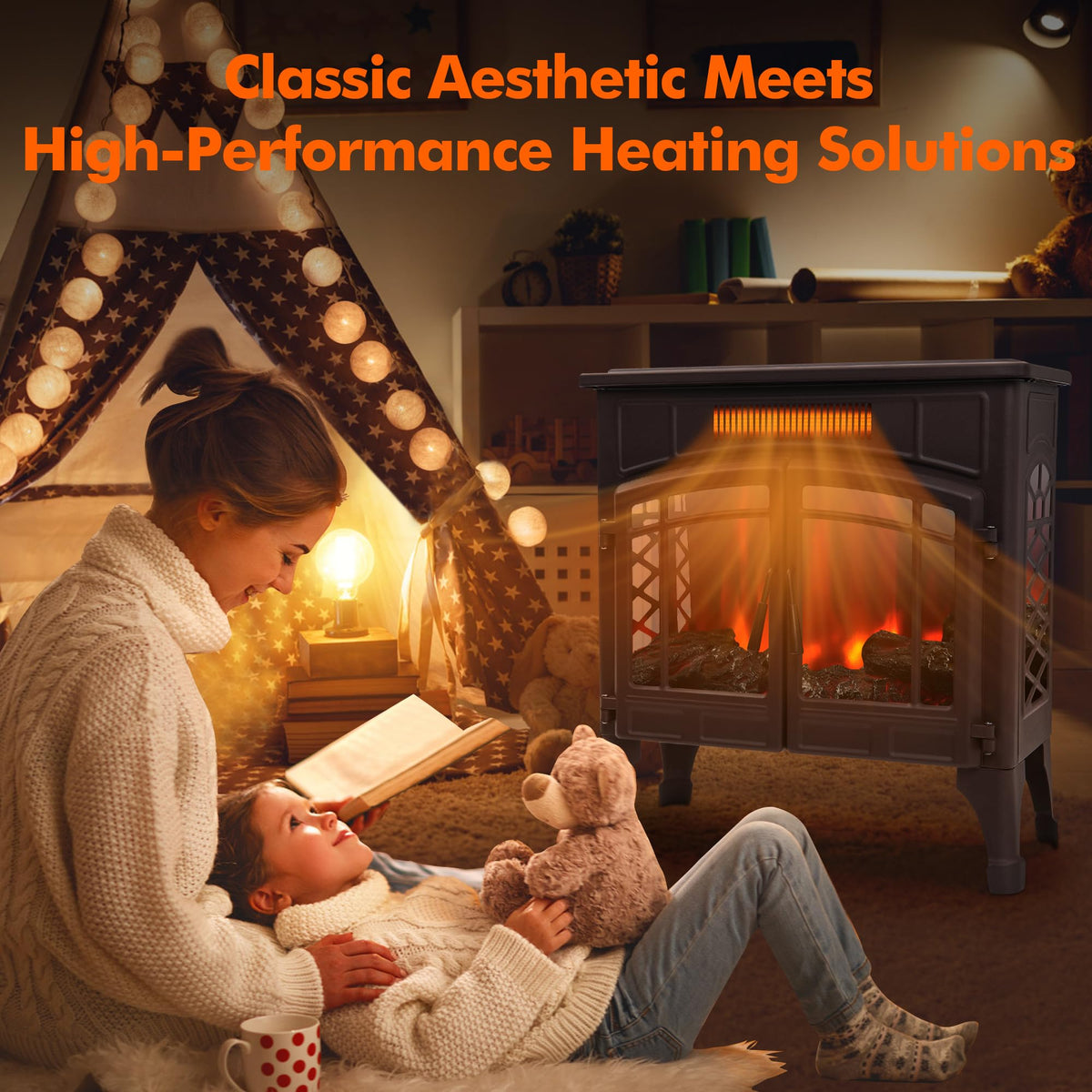 RealSmart Electric Fireplace Heater, 25“ Freestanding Stove Heater with 3D Realistic Flame Effect, Fireplace Stove Overheat Safety Protection for Indoor Use Bedroom,750W 1500W Retro Brown