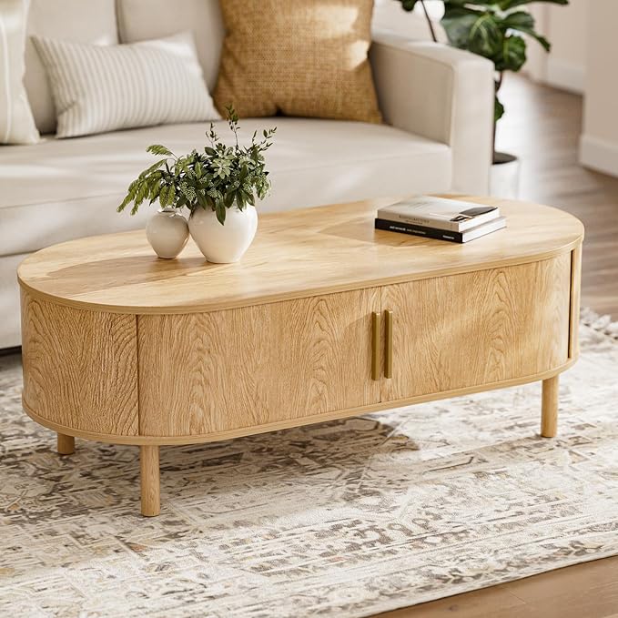 Round Coffee Table with Sliding Door Cabinet