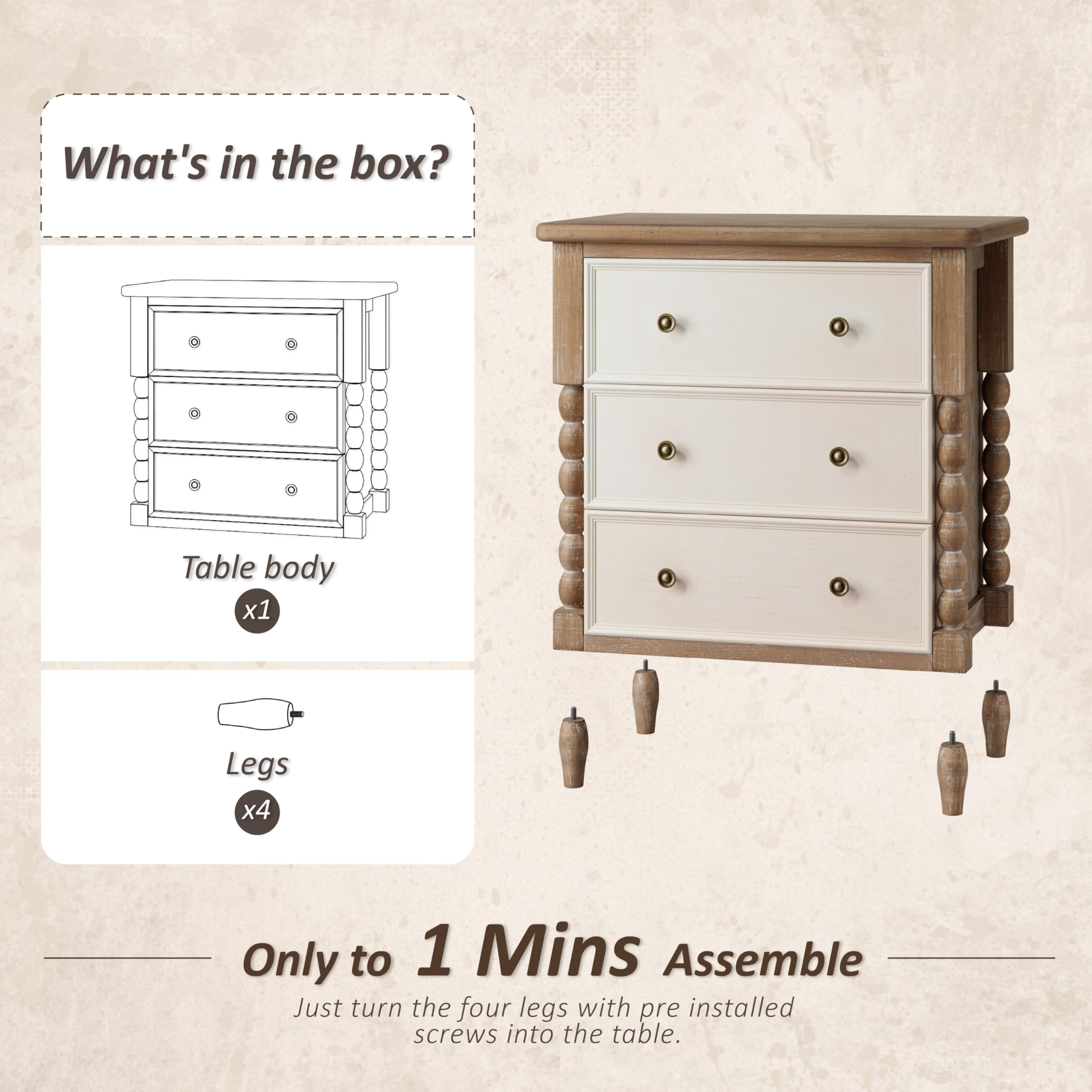 COZAYH Farmhouse 3-Drawer Dresser, Rustic Wood Chest with Turned Legs, Vintage Nightstand Storage Cabinet for Bedroom, Distressed Natural & White Finish, Almost Fully Assembled