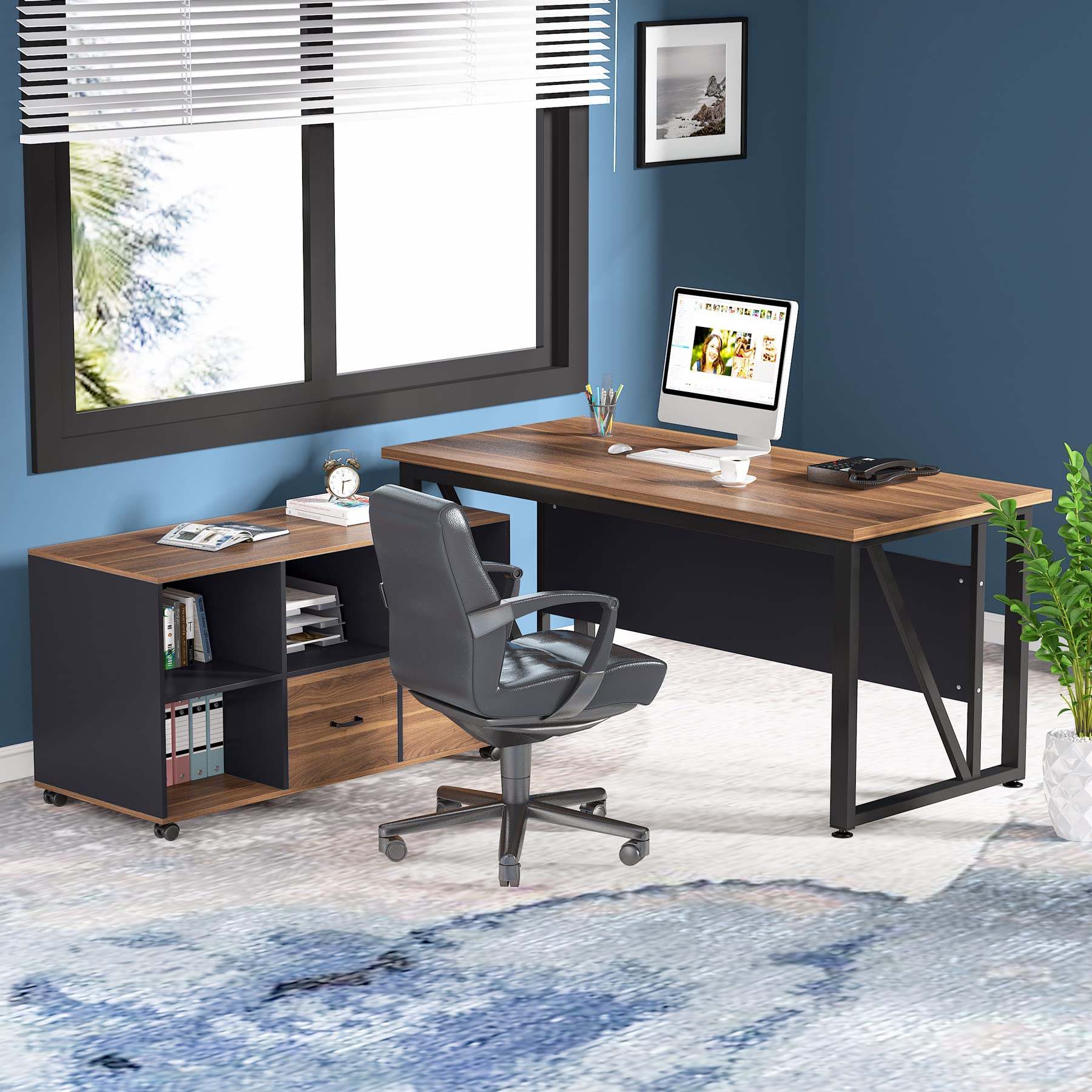Mobile Lateral File Cabinet with 2 Drawers & Open Shelves