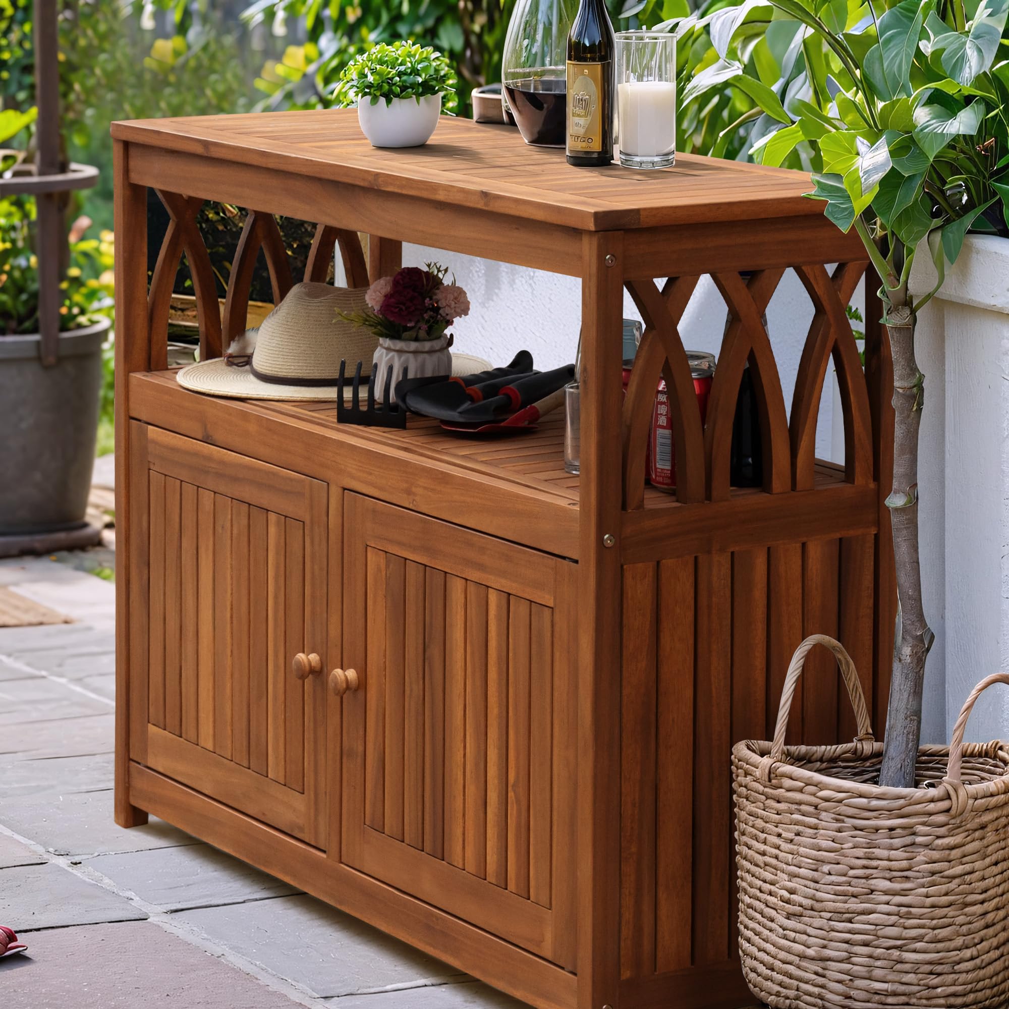 Acacia Wood Outdoor Storage Cabinet with 2 Magnetic Doors