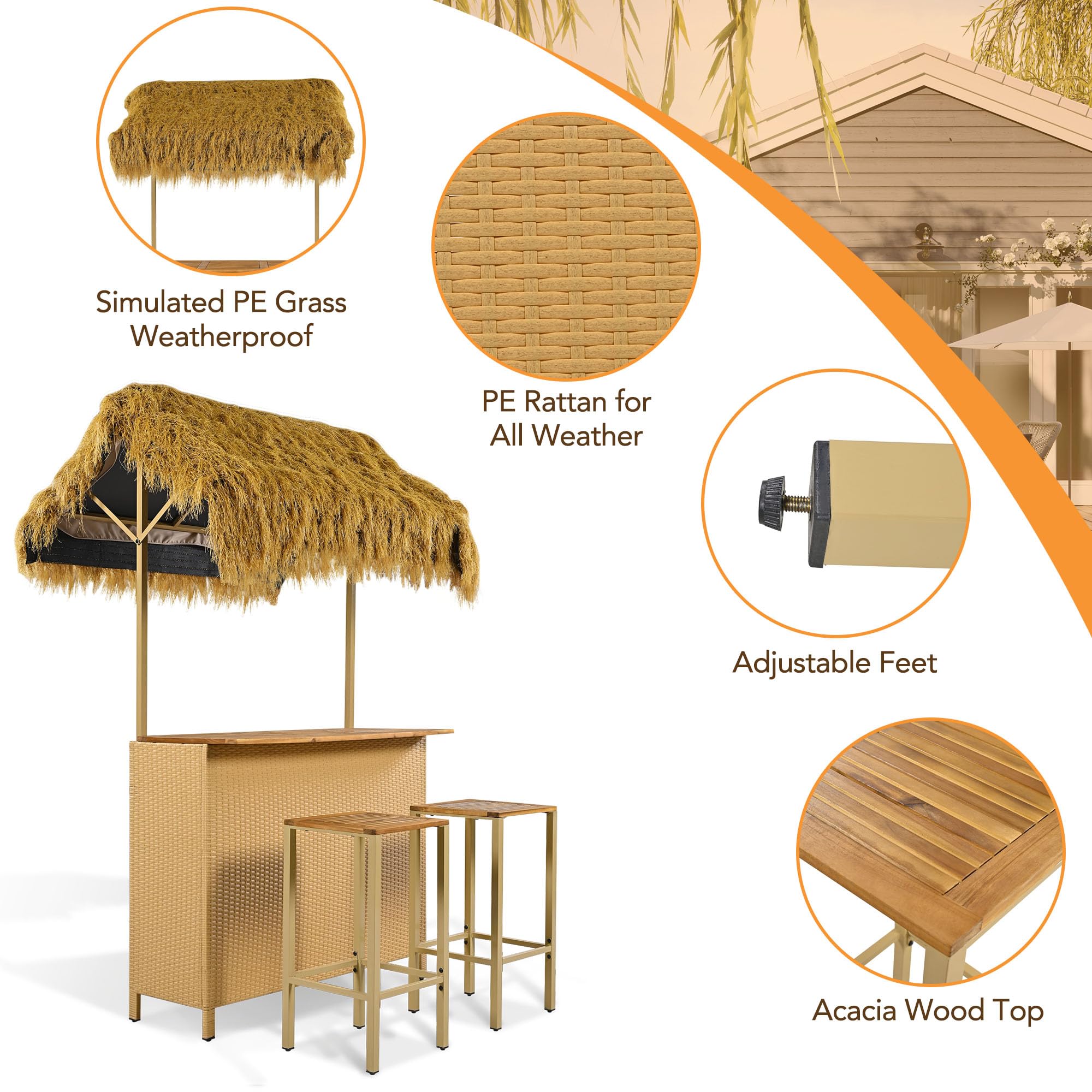 LUMISOL Outdoor Bar Table and Stools, Hawaiian Style Bar Height Patio Set with PE Grass Canopy, Acacia Wood Top and Adjustable Feet, 3 Piece Wicker Island Bar and 2 Stools, Natural
