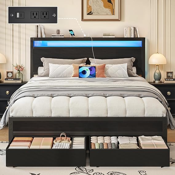 Twin Bed Frame with Storage Headboard, LED Lights & Charging Station