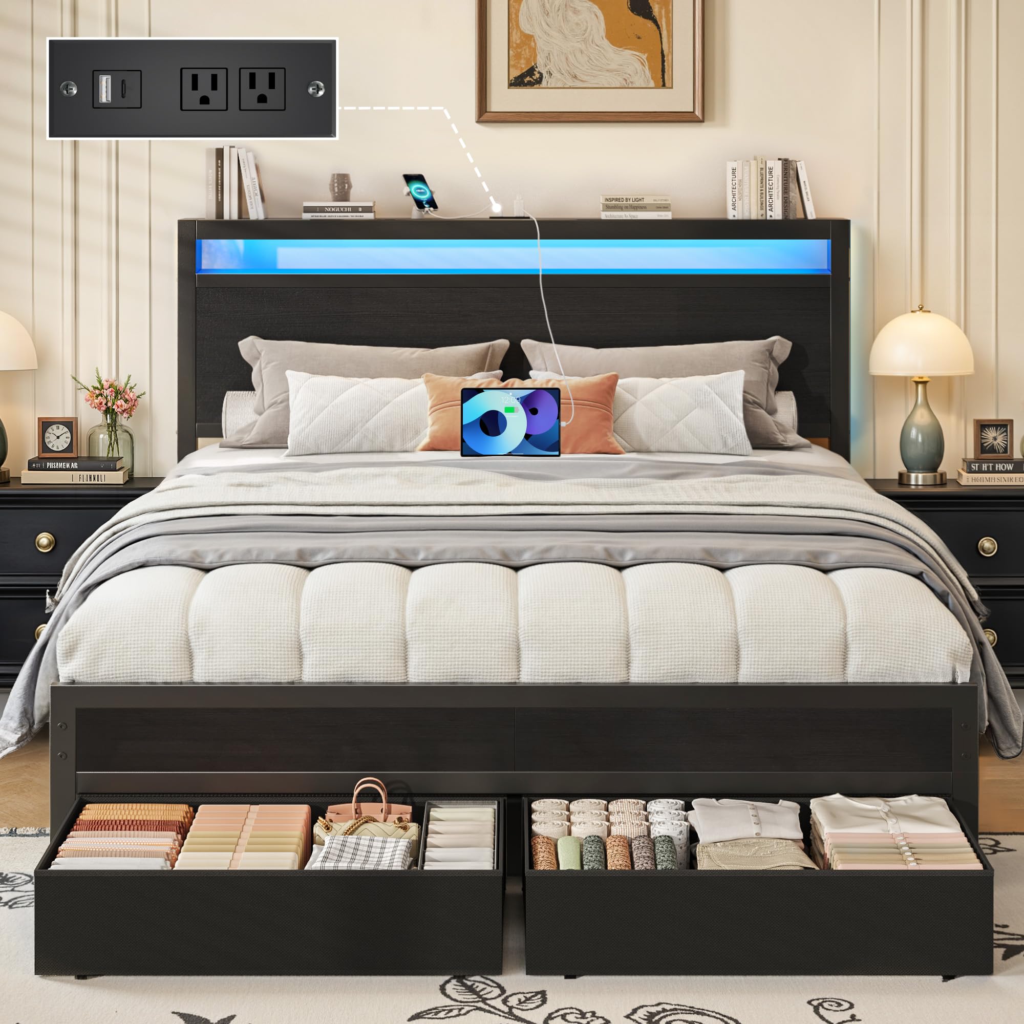 Queen Bed Frame with Storage Headboard & LED Lights