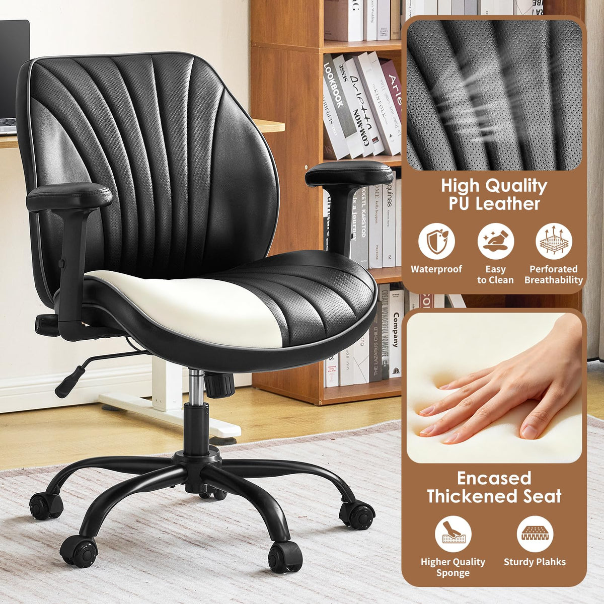 YFO Home Office Desk Chair, Adjustable Armrests PU Ergonomic Chair, Black