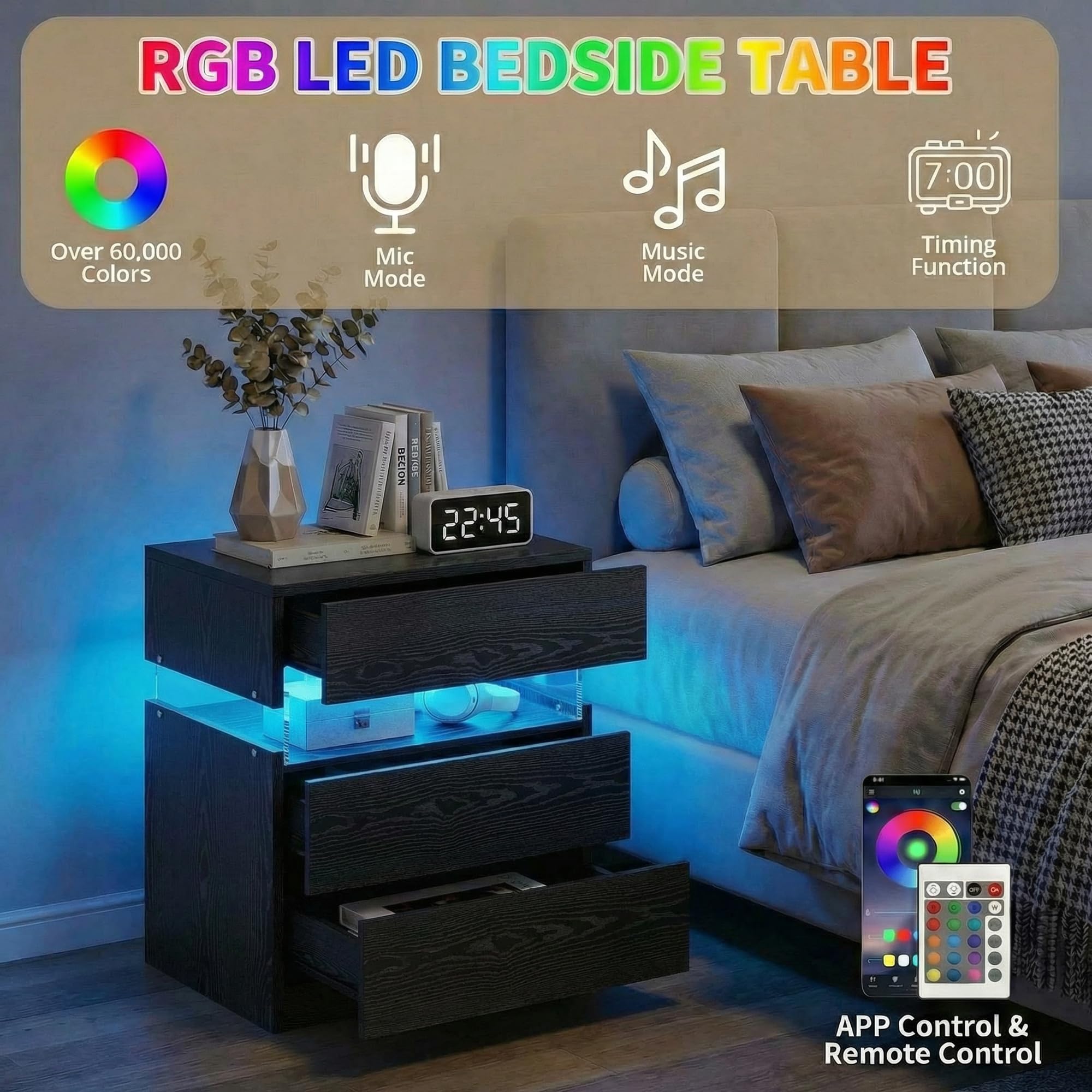 Nightstand with 3 Drawers & RGB LED Light