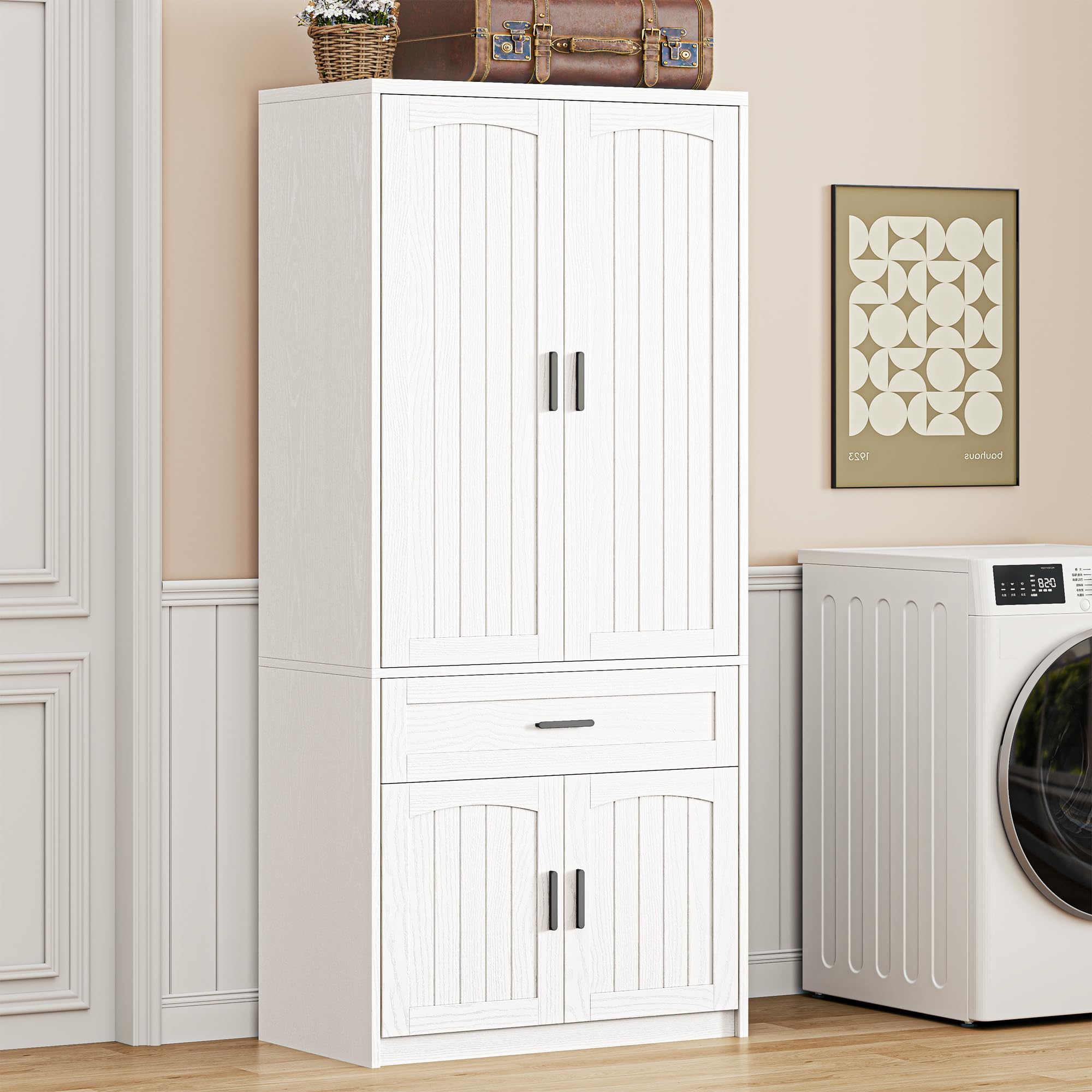 LIKIMIO 77" Tall Freestanding Armoire Wardrobe Closet with 4 Doors, Drawer, Hanging Rod & Adjustable Shelves, Bedroom Clothes Storage Cabinet, White